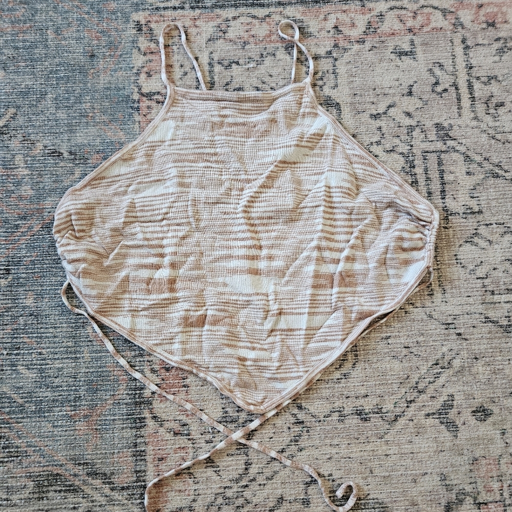 Striped Tan and Cream Open Tie Back Top